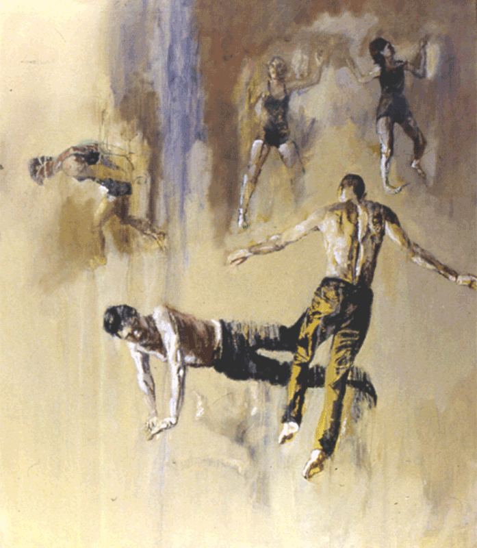 Painting of a male dancers on the floor in a powerful stage composition